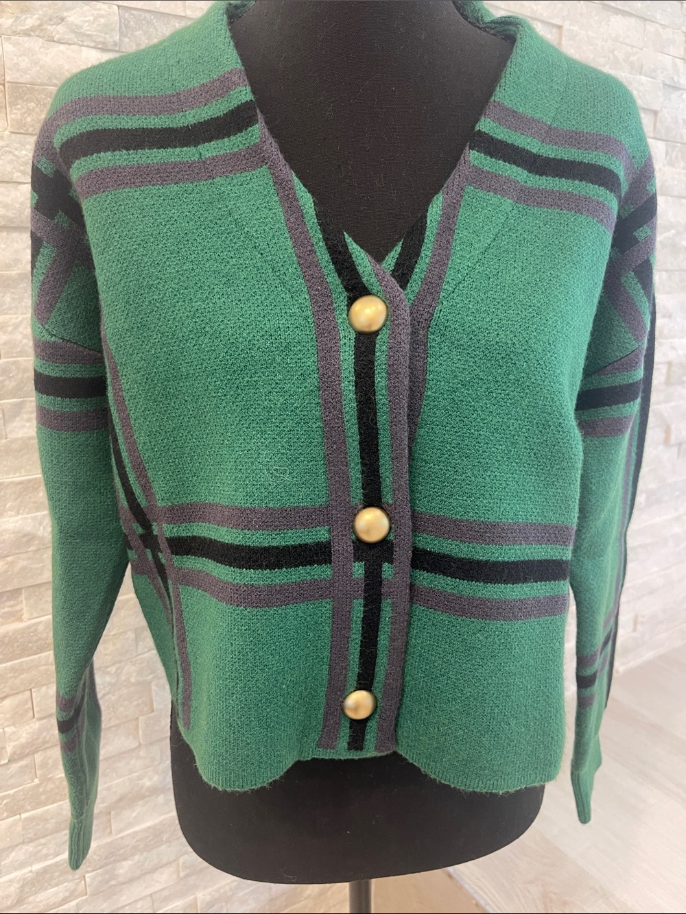 Tularosa Green Striped V-Neck Gold-Button Cardigan